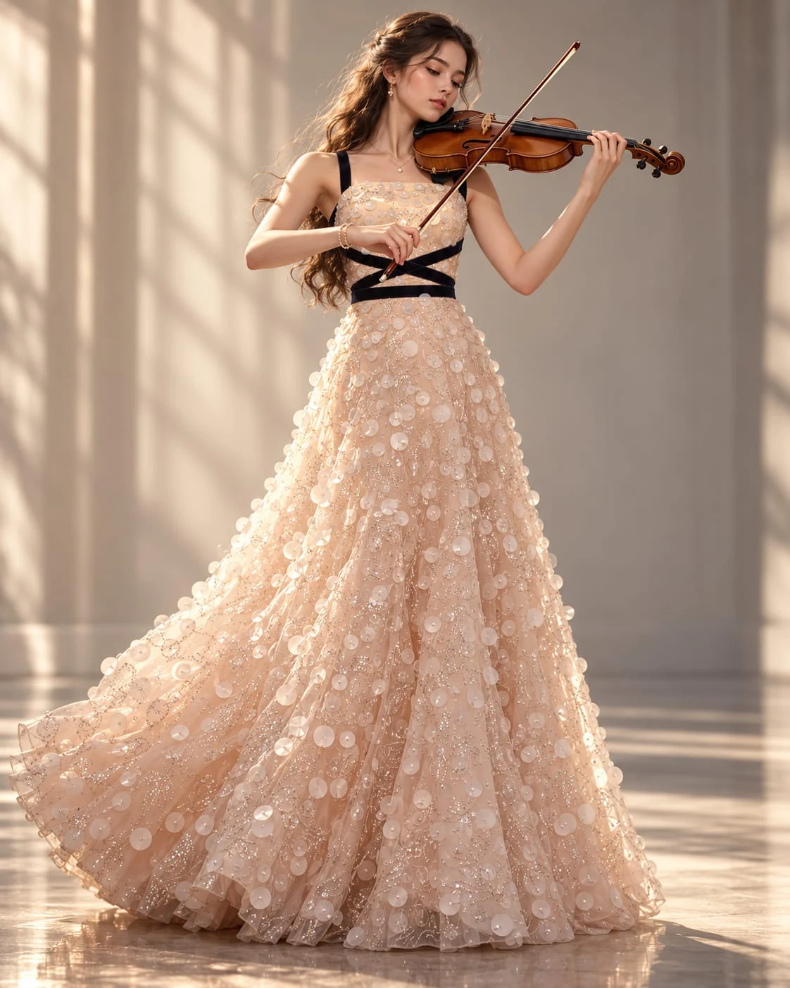 Violinist wearing a delicate, floor-length couture gown with dark velvet ribbons